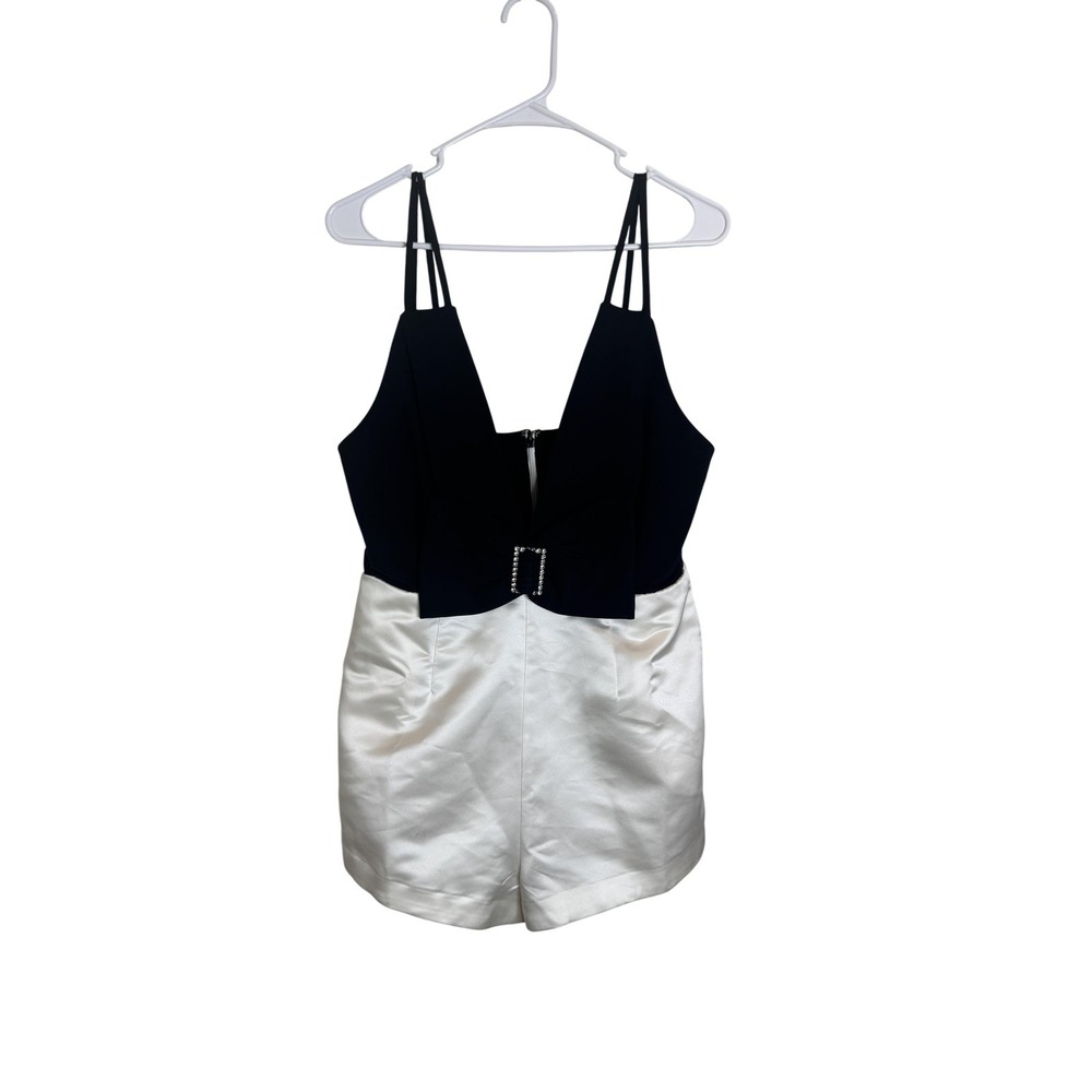 Maeve Romper Womens 12 Black White Satin‎ Colorblock Belted Sleeveless Party